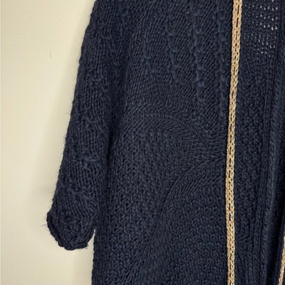 Women's Navy Open-Front Sweater with Gold Metallic Detailing Size 8 - Picture 3 of 5